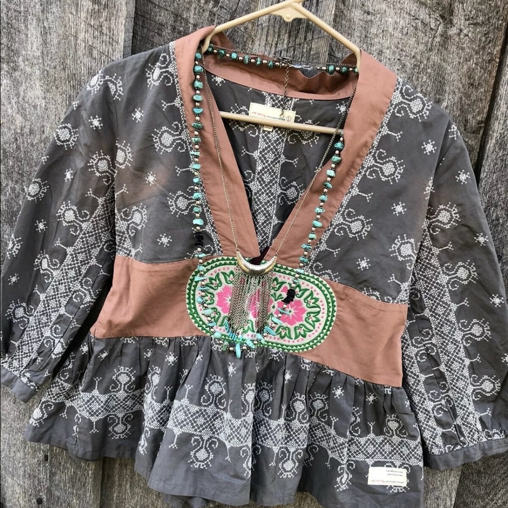 Anthropologie Gray and Brown Embroidered Peplum Blouse